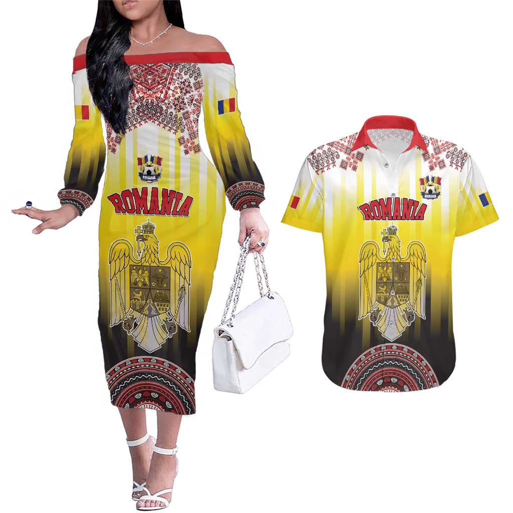 Custom Romania Football Go Champions Couples Matching Off The Shoulder Long Sleeve Dress and Hawaiian Shirt Romanian Traditional Patern