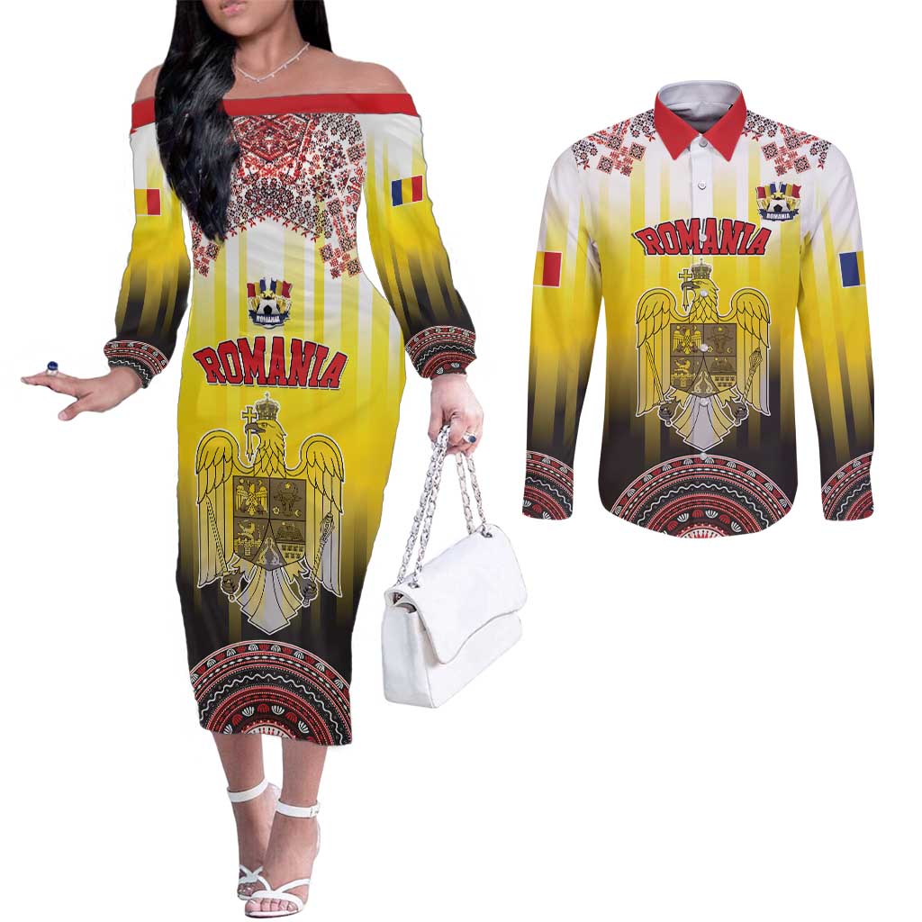 Custom Romania Football Go Champions Couples Matching Off The Shoulder Long Sleeve Dress and Long Sleeve Button Shirt Romanian Traditional Patern