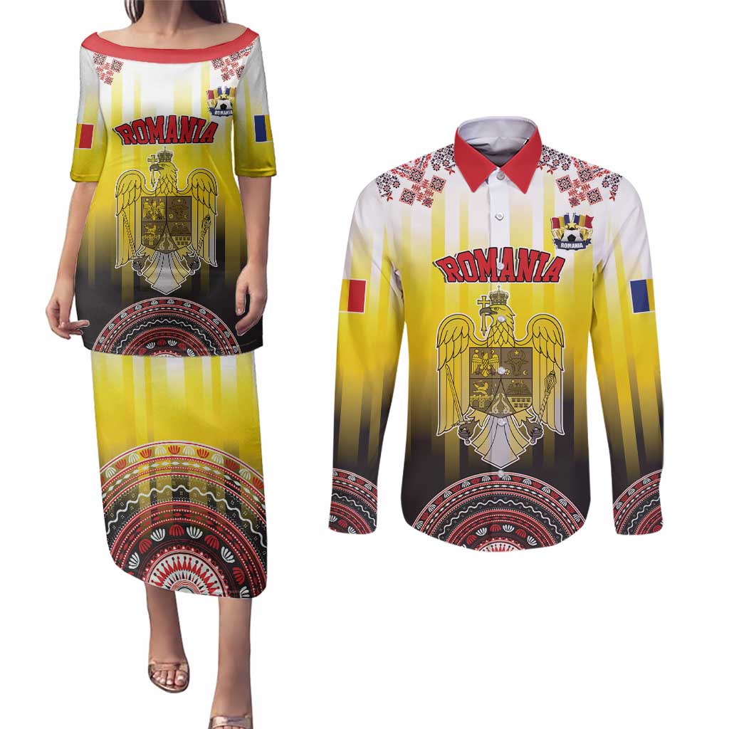 Custom Romania Football Go Champions Couples Matching Puletasi and Long Sleeve Button Shirt Romanian Traditional Patern