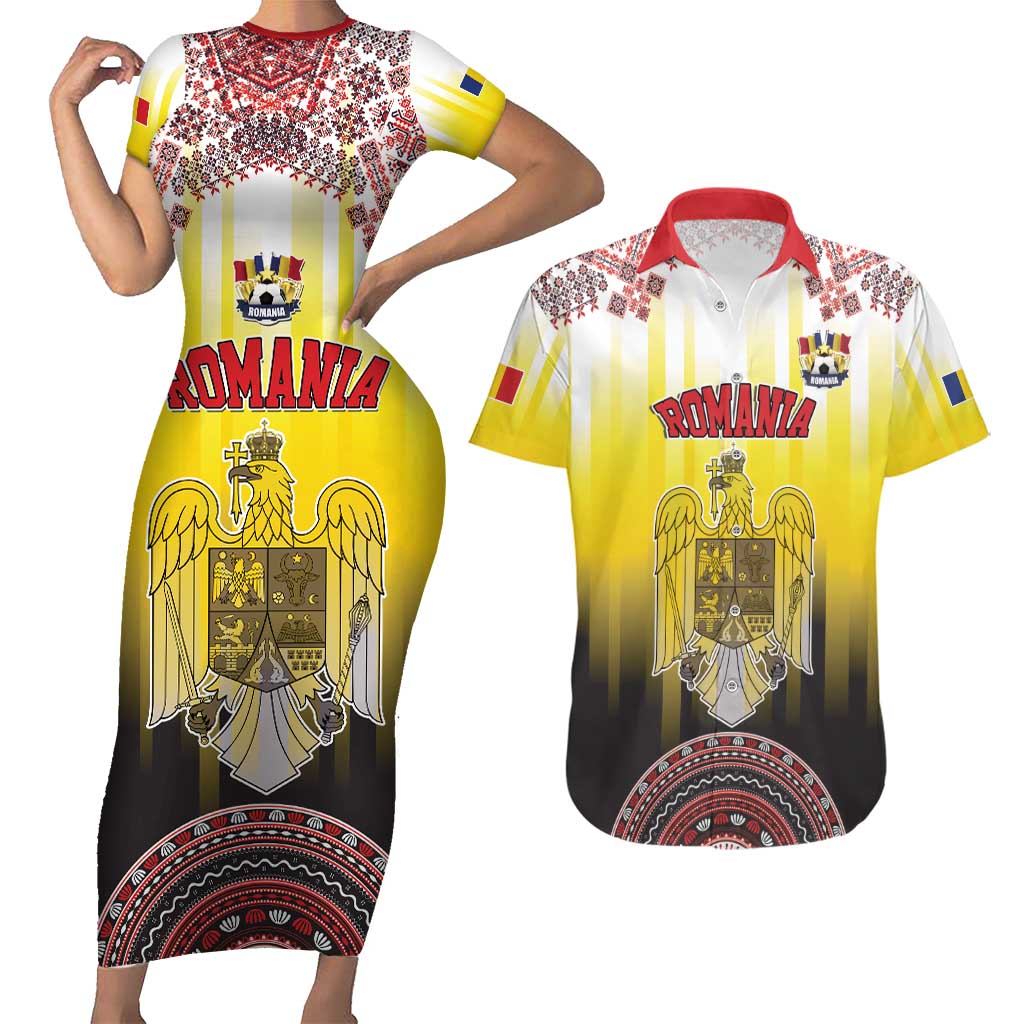 Custom Romania Football Go Champions Couples Matching Short Sleeve Bodycon Dress and Hawaiian Shirt Romanian Traditional Patern