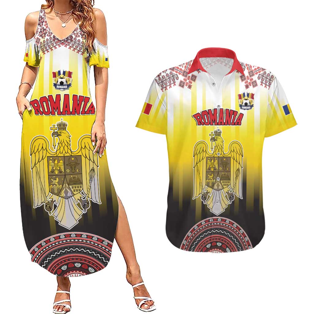 Custom Romania Football Go Champions Couples Matching Summer Maxi Dress and Hawaiian Shirt Romanian Traditional Patern