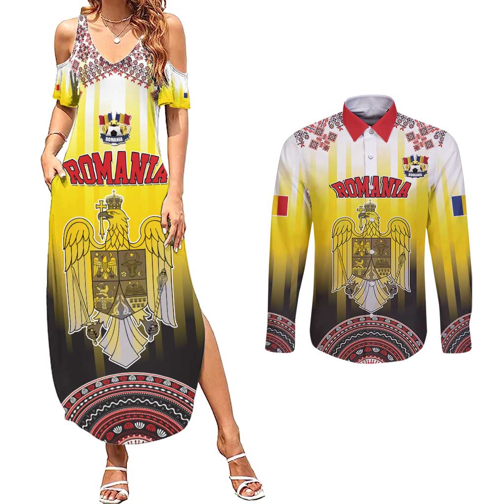 Custom Romania Football Go Champions Couples Matching Summer Maxi Dress and Long Sleeve Button Shirt Romanian Traditional Patern