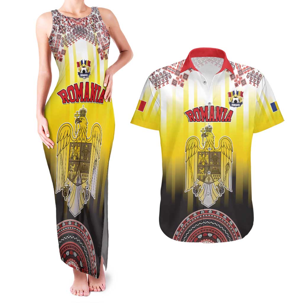 Custom Romania Football Go Champions Couples Matching Tank Maxi Dress and Hawaiian Shirt Romanian Traditional Patern