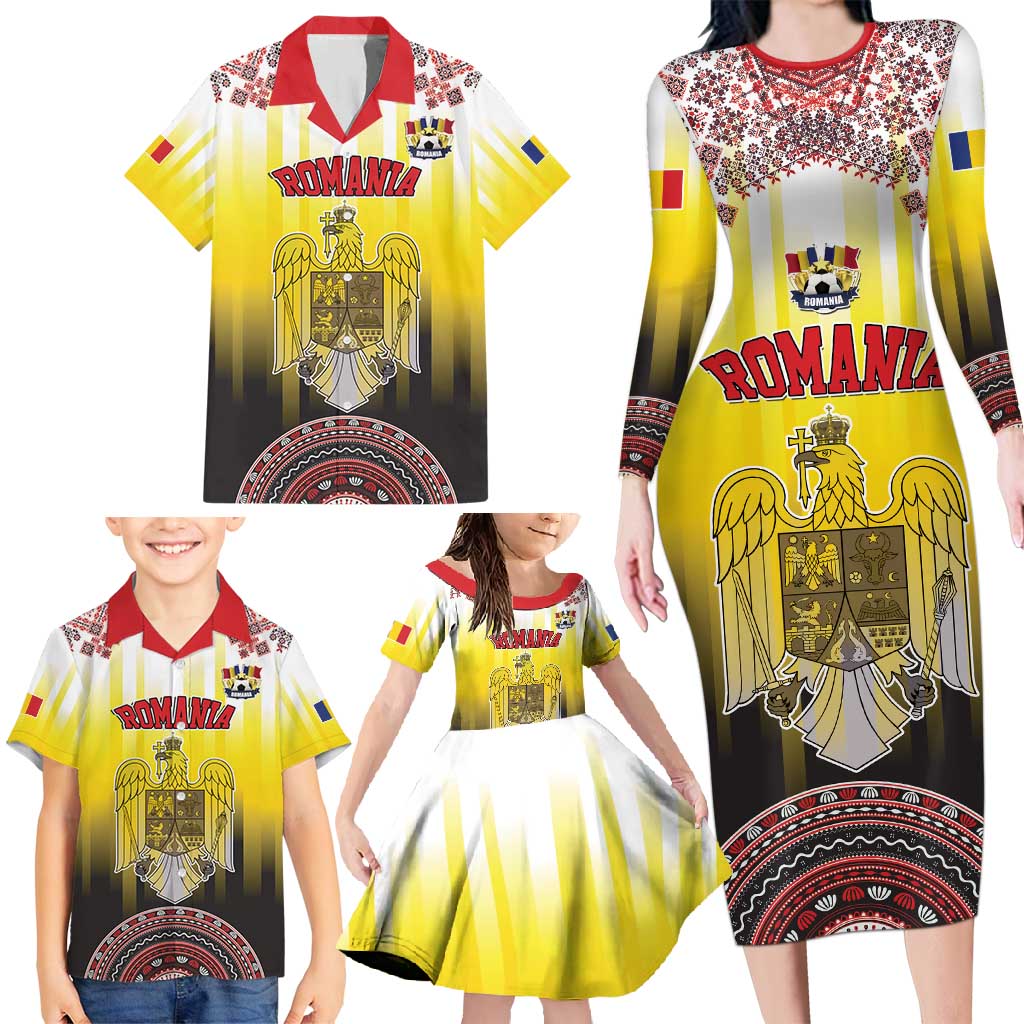 Custom Romania Football Go Champions Family Matching Long Sleeve Bodycon Dress and Hawaiian Shirt Romanian Traditional Patern