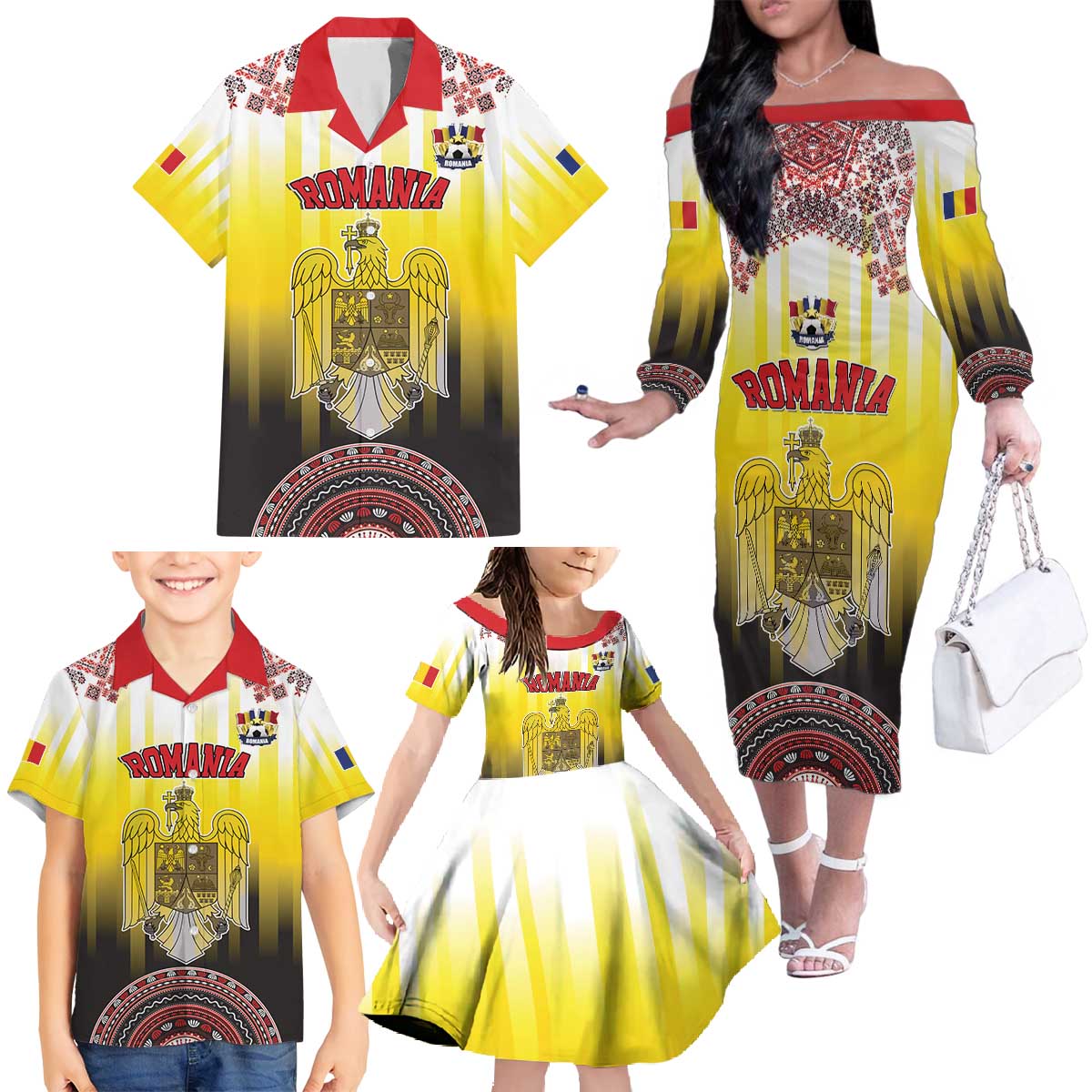 Custom Romania Football Go Champions Family Matching Off The Shoulder Long Sleeve Dress and Hawaiian Shirt Romanian Traditional Patern