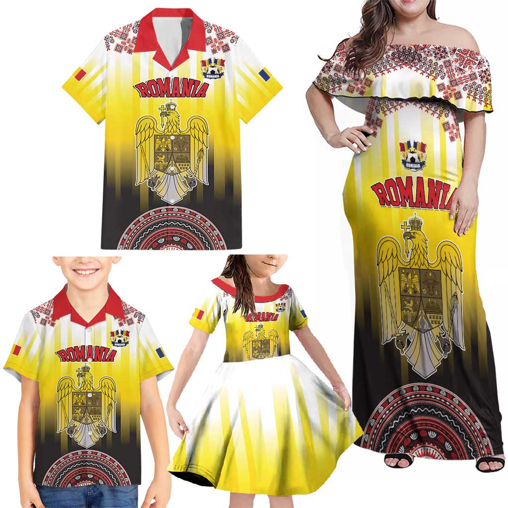 Custom Romania Football Go Champions Family Matching Off Shoulder Maxi Dress and Hawaiian Shirt Romanian Traditional Patern