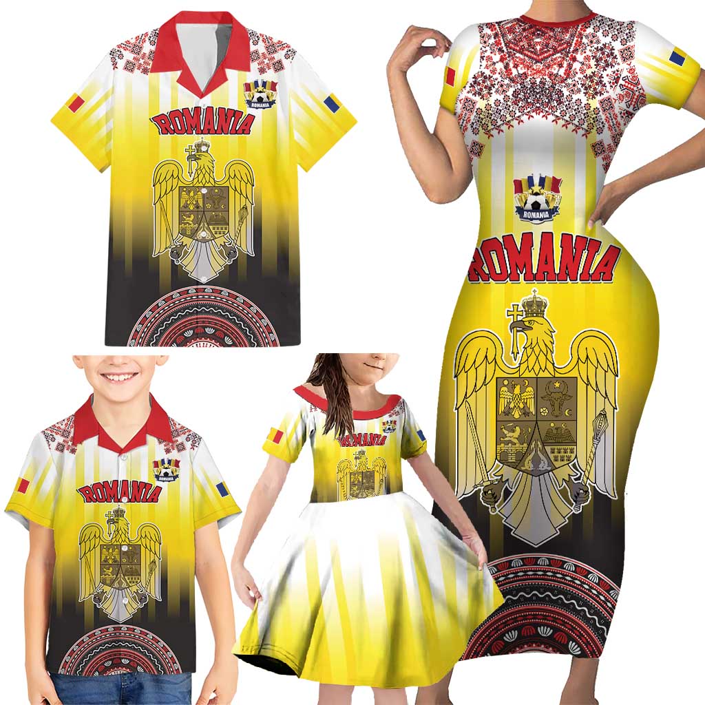 Custom Romania Football Go Champions Family Matching Short Sleeve Bodycon Dress and Hawaiian Shirt Romanian Traditional Patern