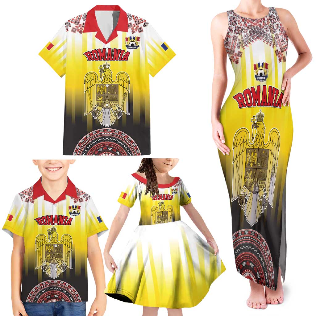 Custom Romania Football Go Champions Family Matching Tank Maxi Dress and Hawaiian Shirt Romanian Traditional Patern