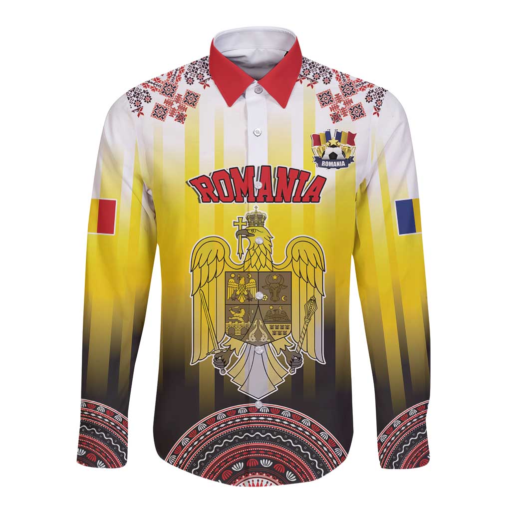 Custom Romania Football Go Champions Long Sleeve Button Shirt Romanian Traditional Patern