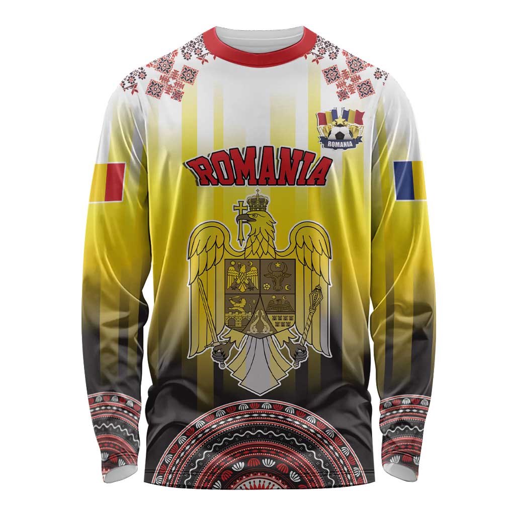 Custom Romania Football Go Champions Long Sleeve Shirt Romanian Traditional Patern