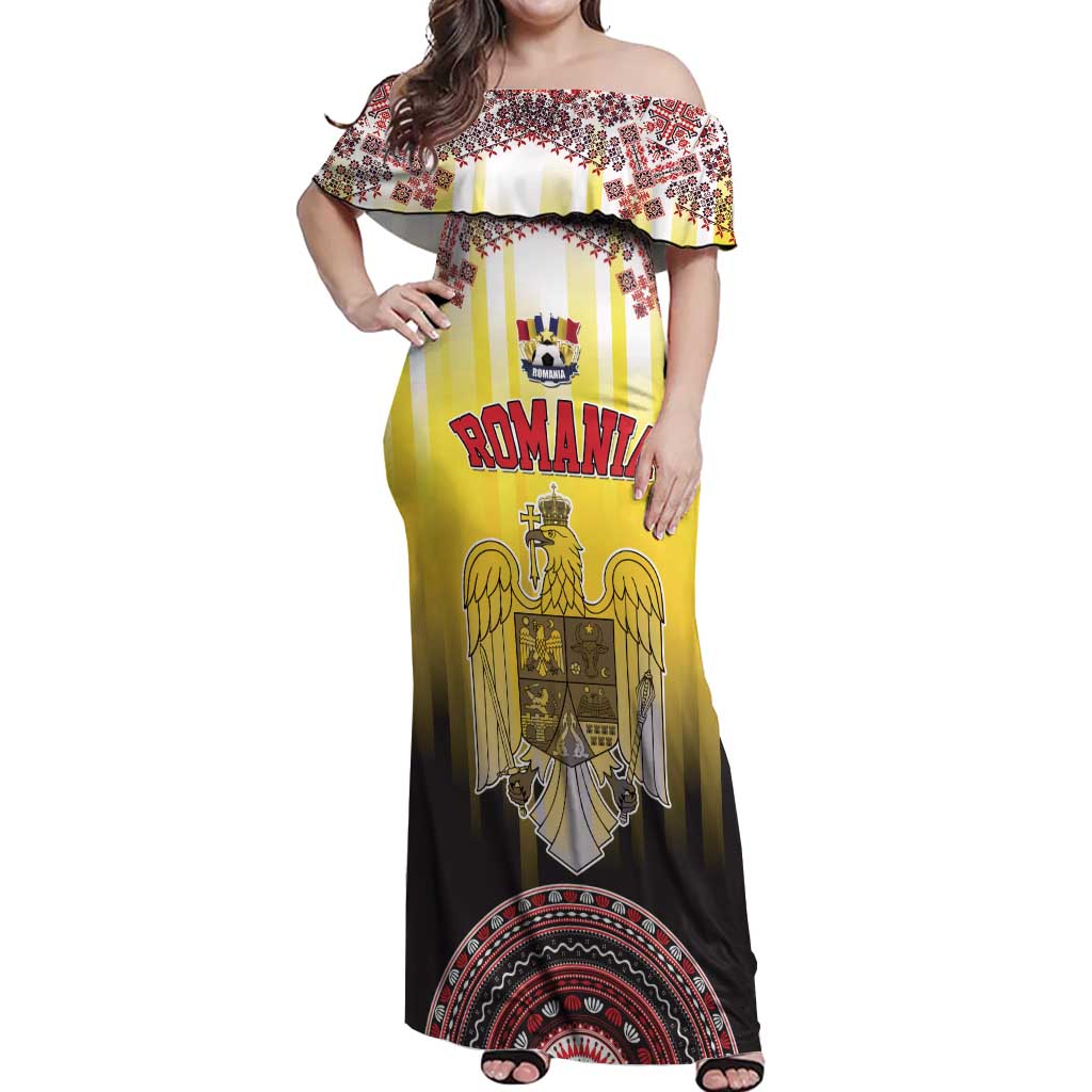 Custom Romania Football Go Champions Off Shoulder Maxi Dress Romanian Traditional Patern