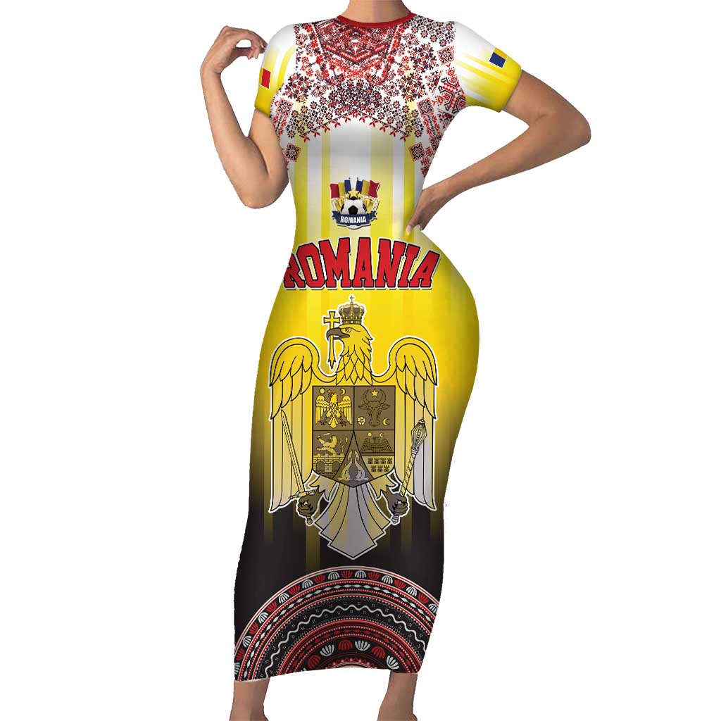 Custom Romania Football Go Champions Short Sleeve Bodycon Dress Romanian Traditional Patern