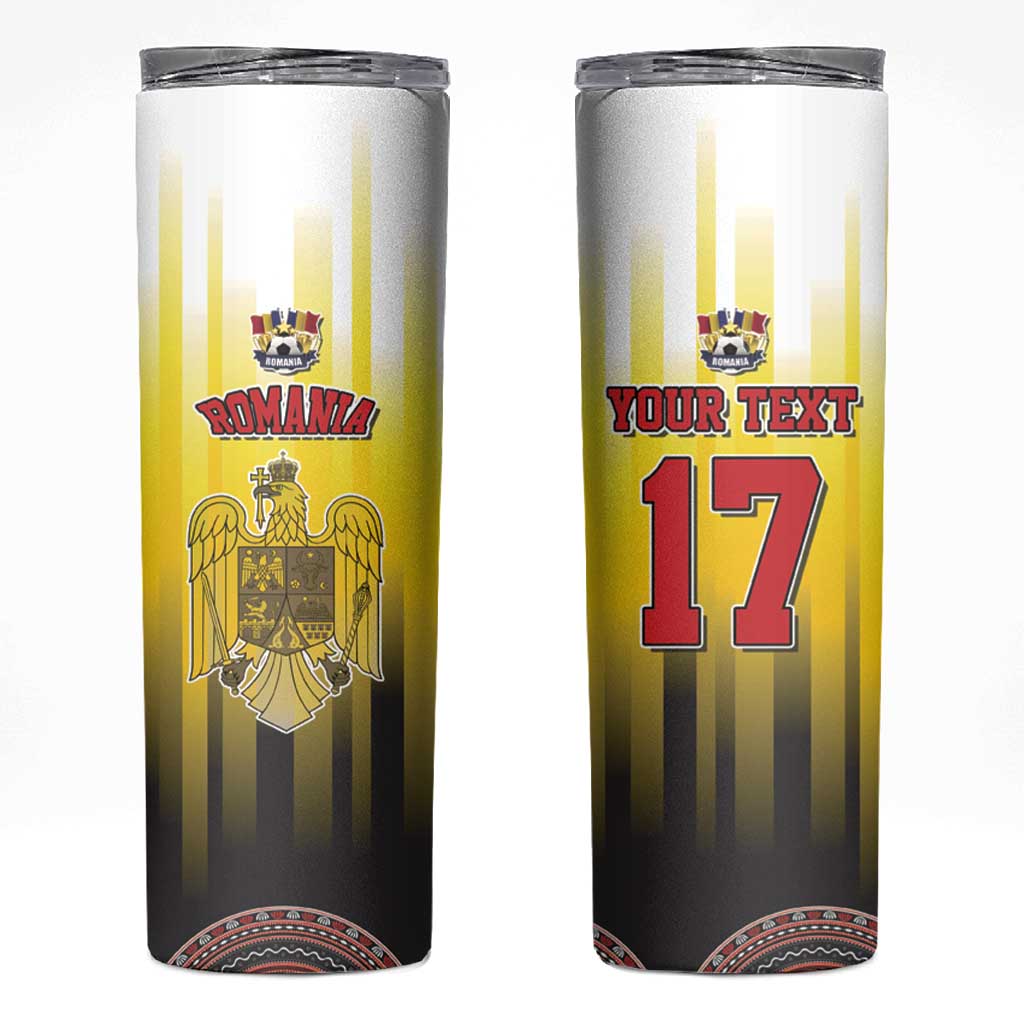 Custom Romania Football Go Champions Skinny Tumbler Sporty Style with Romanian Traditional Patern