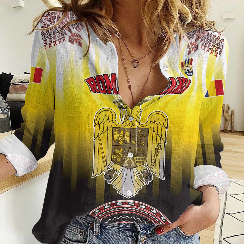 Custom Romania Football Go Champions Women Casual Shirt Romanian Traditional Patern