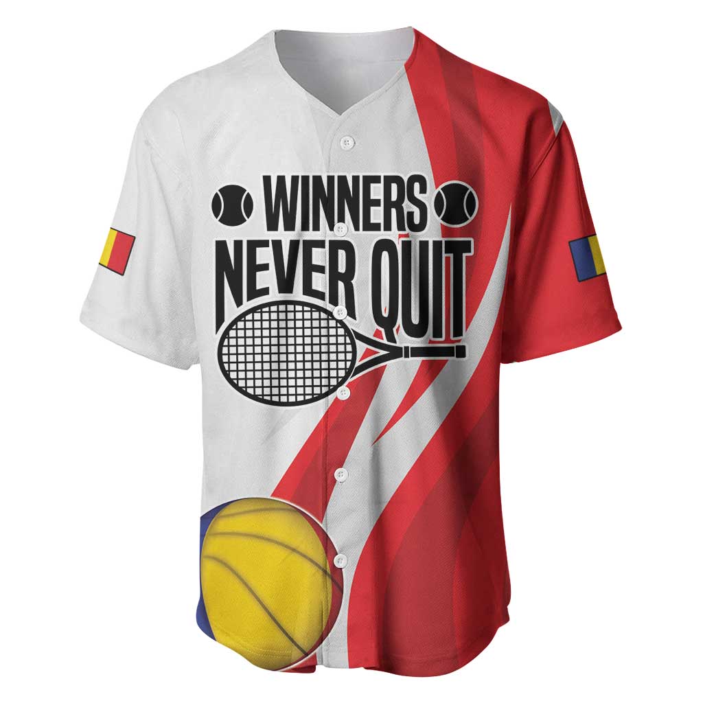 Custom Romania Tennis Winners Never Quit Baseball Jersey Sporty Style