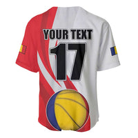 Back of baseball jersey in red and white with 'YOUR TEXT', number 17, tennis ball graphic