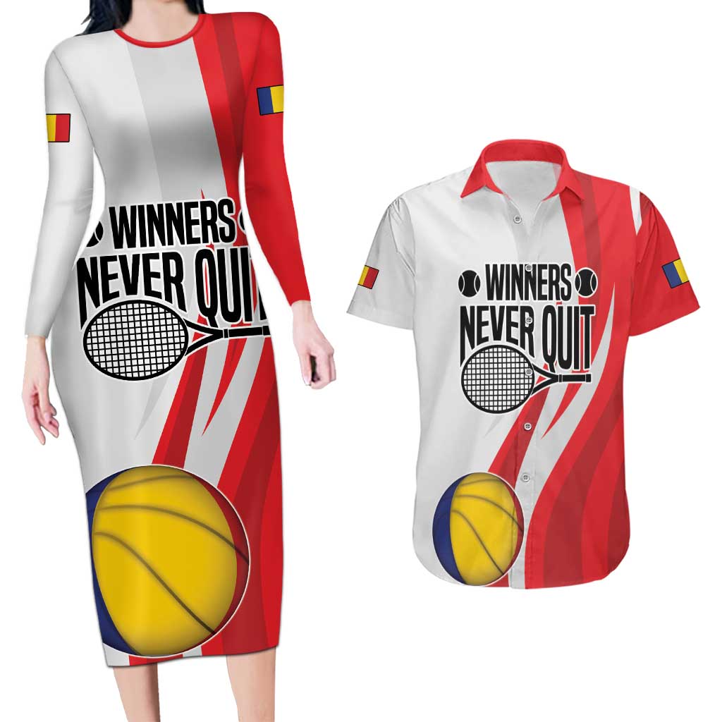 Custom Romania Tennis Winners Never Quit Couples Matching Long Sleeve Bodycon Dress and Hawaiian Shirt Sporty Style