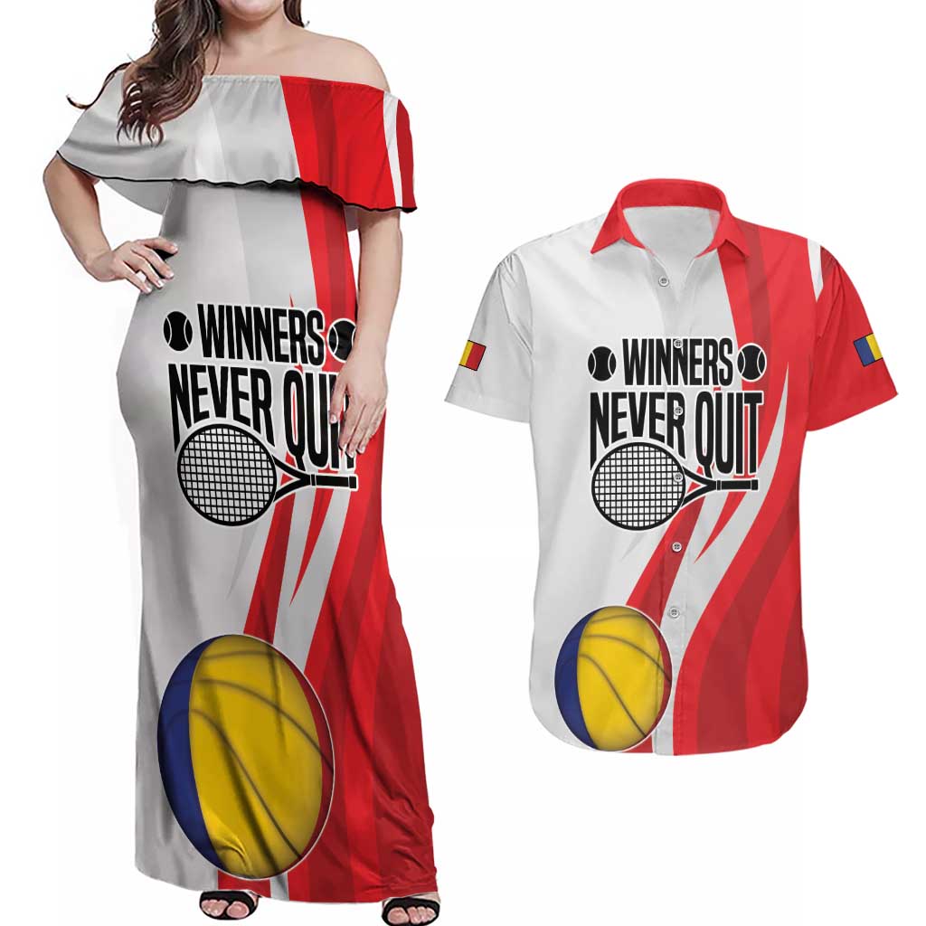 Custom Romania Tennis Winners Never Quit Couples Matching Off Shoulder Maxi Dress and Hawaiian Shirt Sporty Style