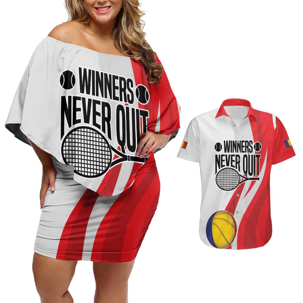 Custom Romania Tennis Winners Never Quit Couples Matching Off Shoulder Short Dress and Hawaiian Shirt Sporty Style