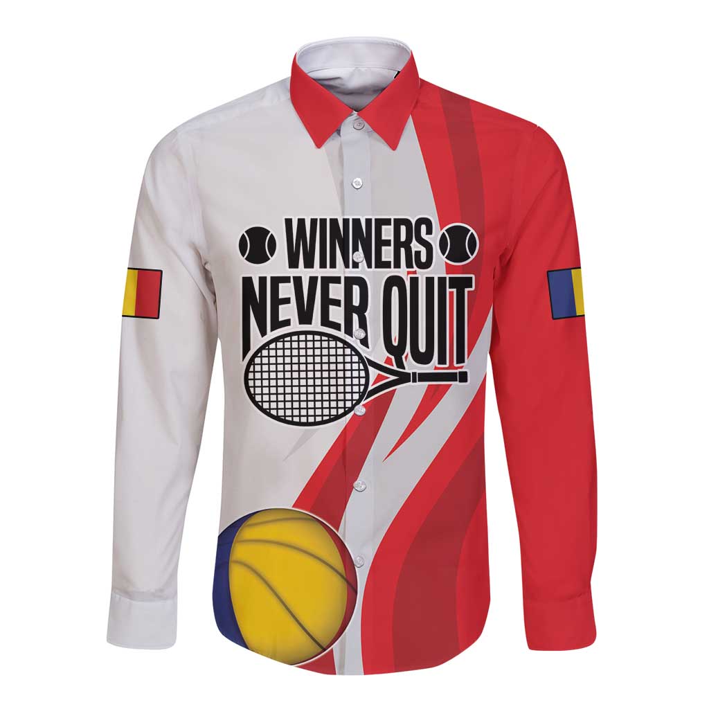 Custom Romania Tennis Winners Never Quit Long Sleeve Button Shirt Sporty Style