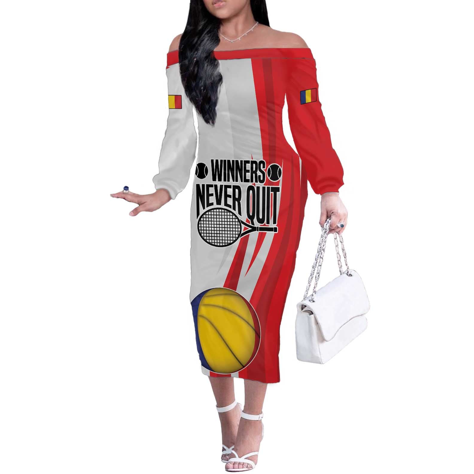 Custom Romania Tennis Winners Never Quit Off The Shoulder Long Sleeve Dress Sporty Style