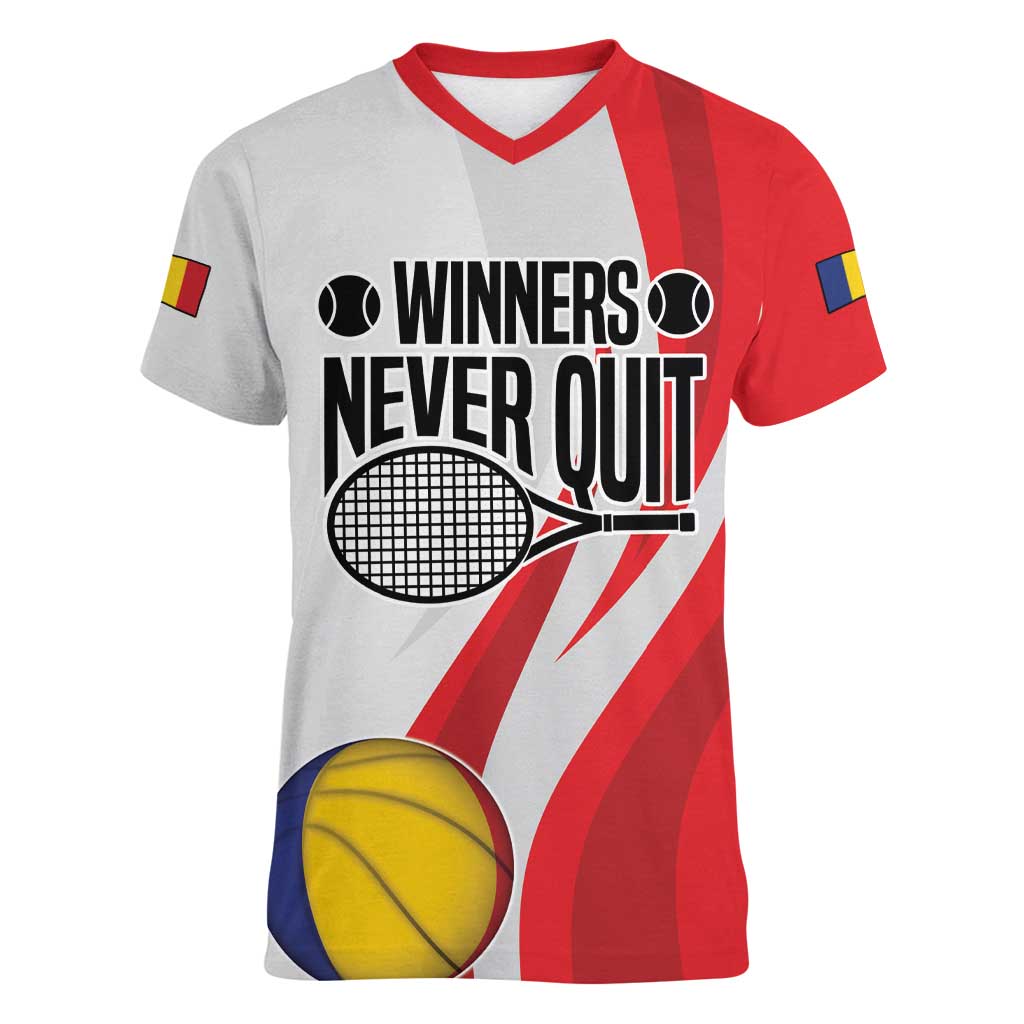 Custom Romania Tennis Winners Never Quit Women V-Neck T-Shirt Sporty Style