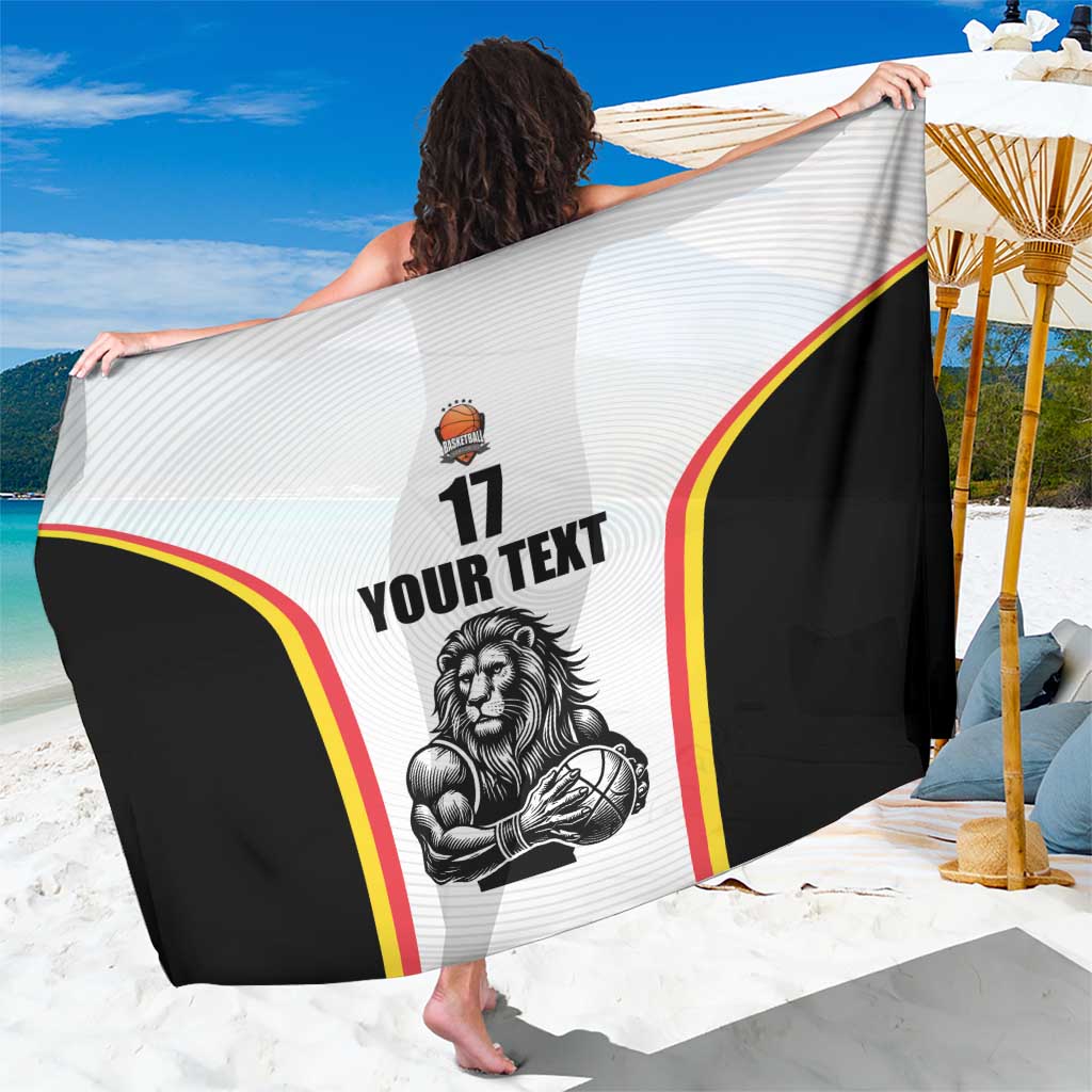 Custom basketball sarong with lion mascot graphic, white front and black side panels, stripes