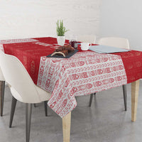 Rectangular red and white football tablecloth with repeating motif pattern