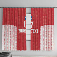 Red and white patterned window curtain pair with custom football logo and “YOUR TEXT”