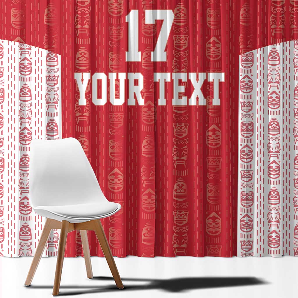 Close-up red and white window curtain fabric with large “YOUR TEXT” and football graphic