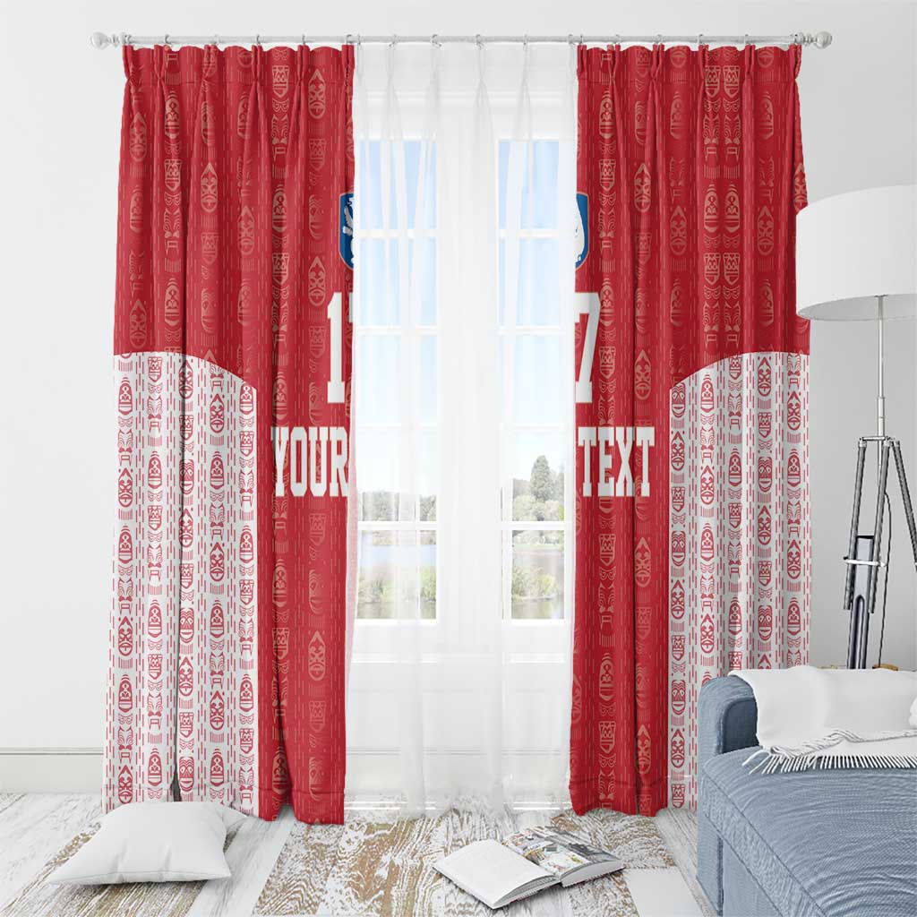 Red and white patterned window curtains with custom football logo and “TEXT” lettering
