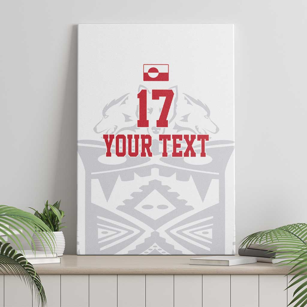 White canvas wall art shown from the front with polar bear, red '17' and 'YOUR TEXT'