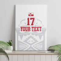White canvas wall art shown from the front with polar bear, red '17' and 'YOUR TEXT'
