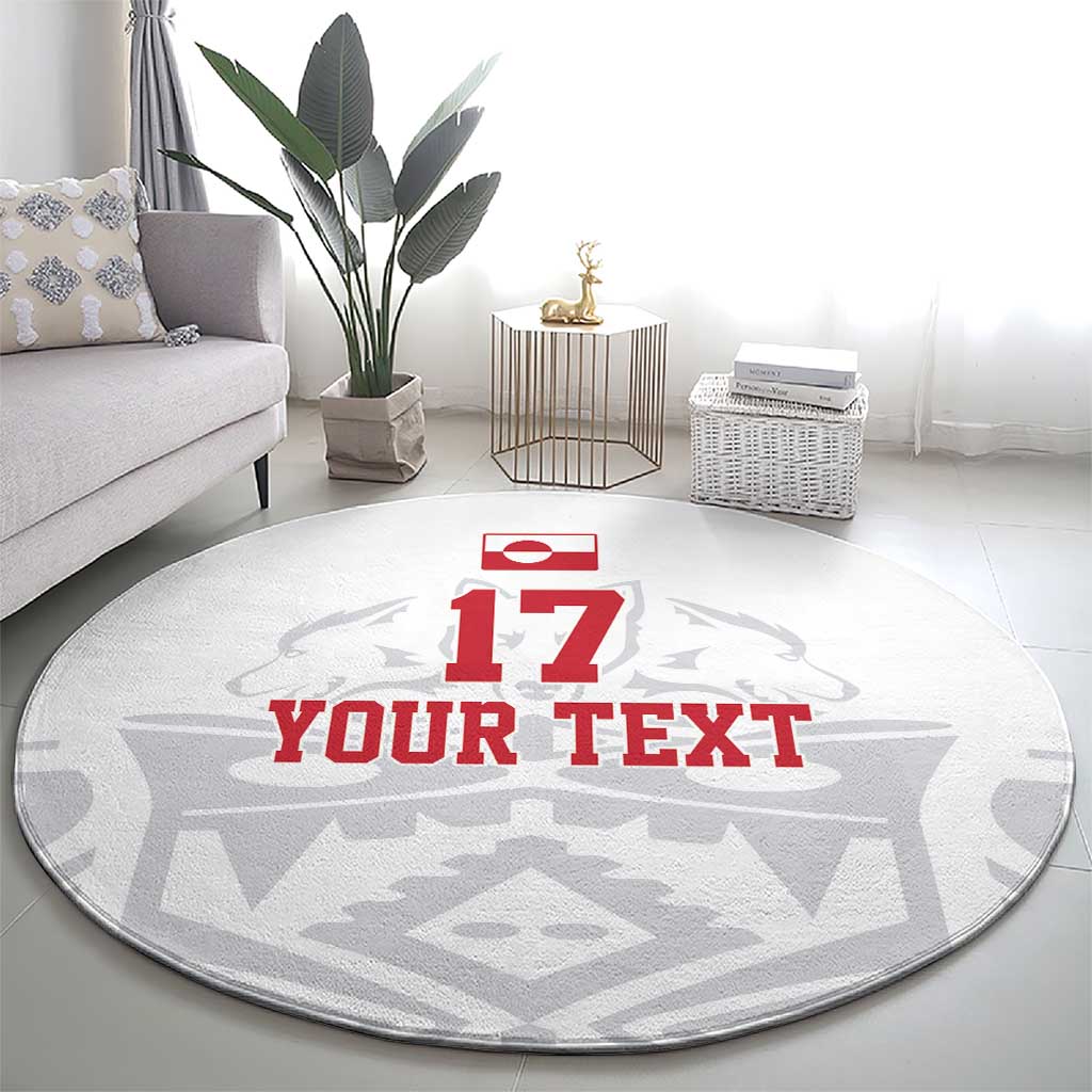 Round football-themed carpet, gray center design with “YOUR TEXT” and number 17