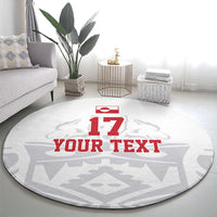 Round football-themed carpet, gray center design with “YOUR TEXT” and number 17