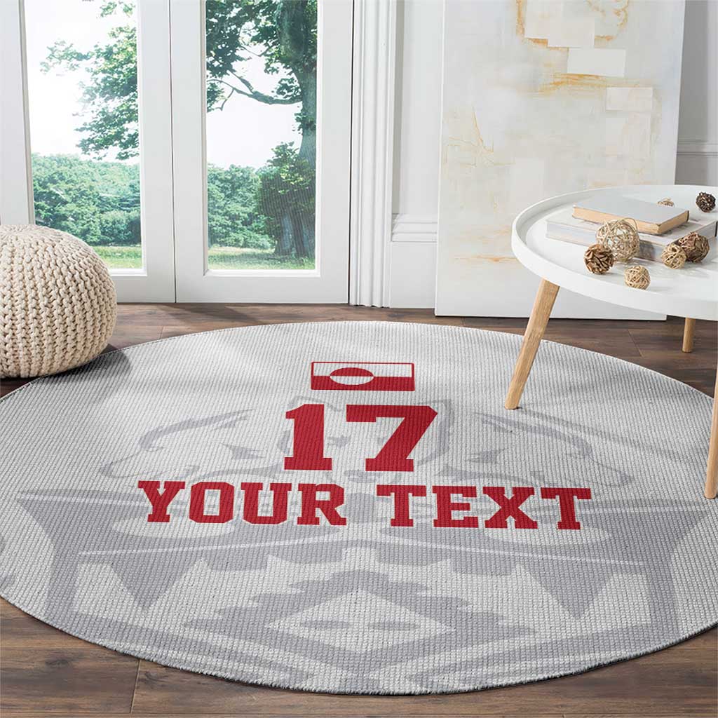 Round football-themed carpet, gray with red “YOUR TEXT” and number 17 print