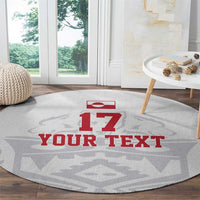 Round football-themed carpet, gray with red “YOUR TEXT” and number 17 print