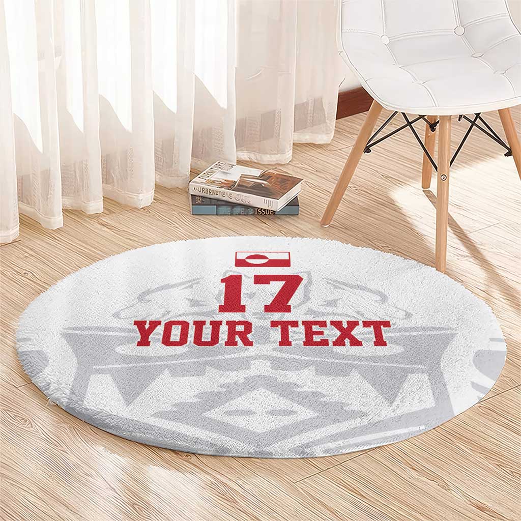 Round football-themed carpet, gray with “YOUR TEXT” and red 17 logo design