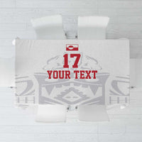 White custom football tablecloth with gray pattern and red “17” plus “YOUR TEXT”