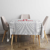 White custom football tablecloth with gray design and red “YOUR TEXT” centered on table