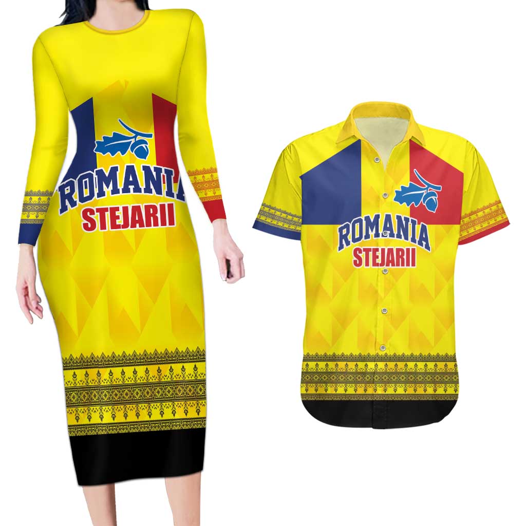 Custom Romania Rugby Go Champions Couples Matching Long Sleeve Bodycon Dress and Hawaiian Shirt Romanian Traditional Patern