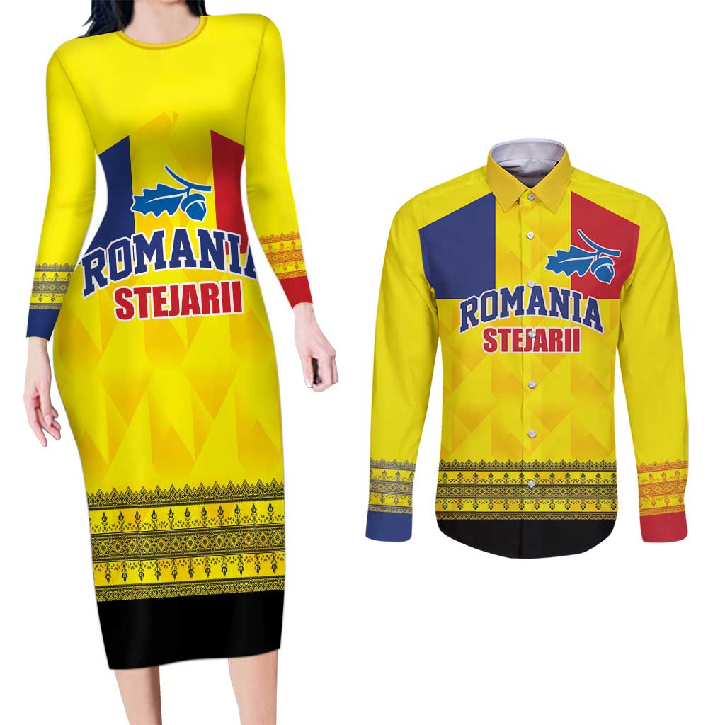 Custom Romania Rugby Go Champions Couples Matching Long Sleeve Bodycon Dress and Long Sleeve Button Shirt Romanian Traditional Patern