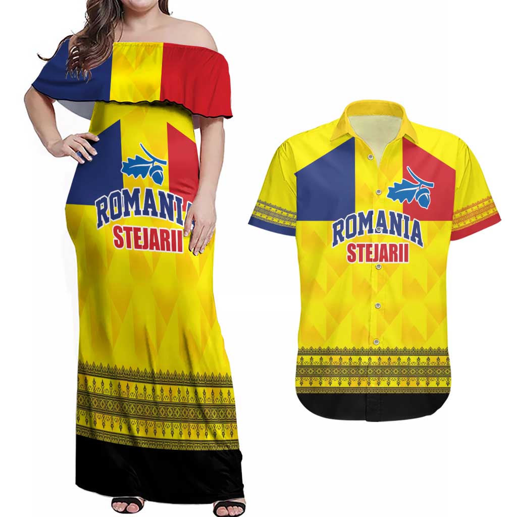 Custom Romania Rugby Go Champions Couples Matching Off Shoulder Maxi Dress and Hawaiian Shirt Romanian Traditional Patern