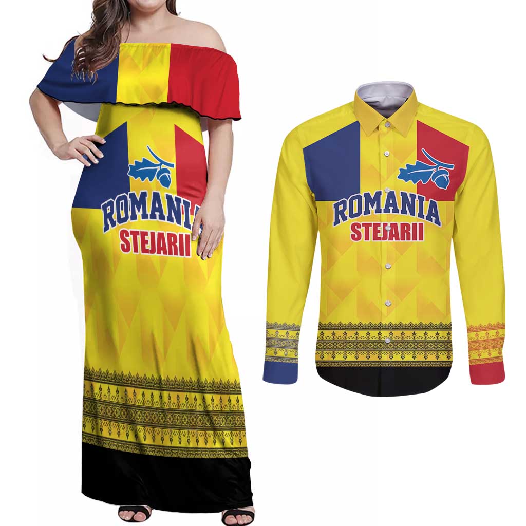 Custom Romania Rugby Go Champions Couples Matching Off Shoulder Maxi Dress and Long Sleeve Button Shirt Romanian Traditional Patern