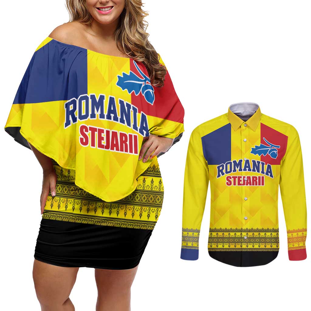 Custom Romania Rugby Go Champions Couples Matching Off Shoulder Short Dress and Long Sleeve Button Shirt Romanian Traditional Patern