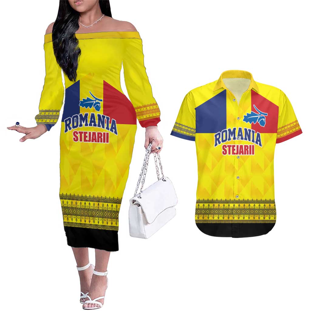 Custom Romania Rugby Go Champions Couples Matching Off The Shoulder Long Sleeve Dress and Hawaiian Shirt Romanian Traditional Patern