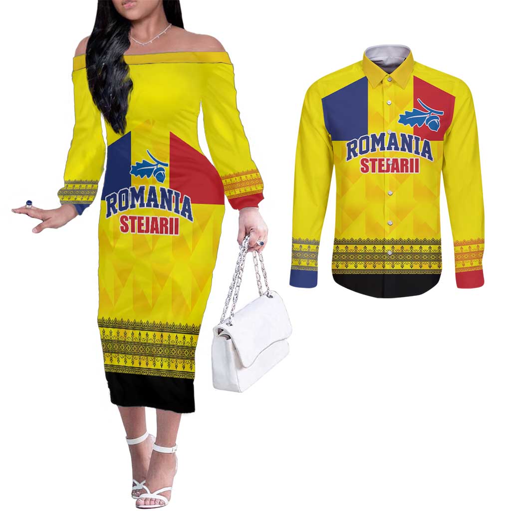 Custom Romania Rugby Go Champions Couples Matching Off The Shoulder Long Sleeve Dress and Long Sleeve Button Shirt Romanian Traditional Patern