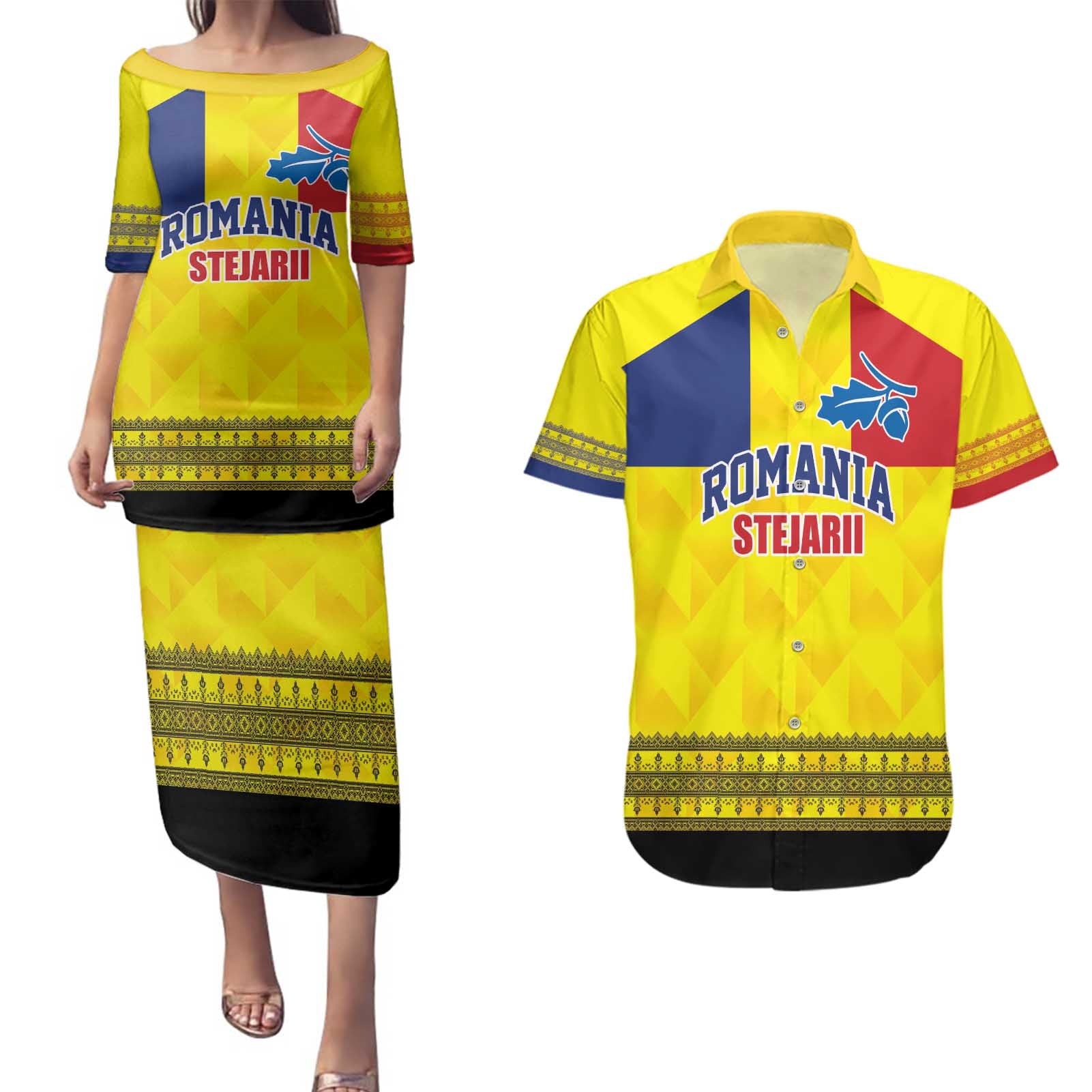 Custom Romania Rugby Go Champions Couples Matching Puletasi and Hawaiian Shirt Romanian Traditional Patern