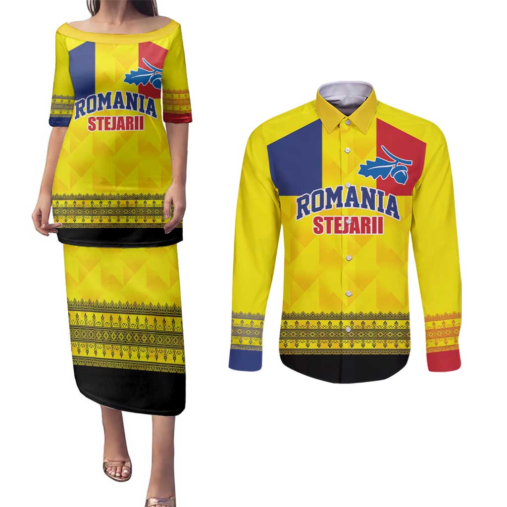 Custom Romania Rugby Go Champions Couples Matching Puletasi and Long Sleeve Button Shirt Romanian Traditional Patern