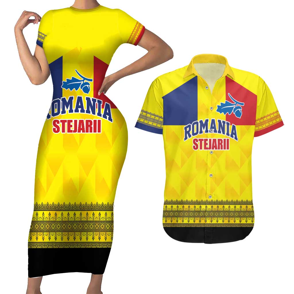 Custom Romania Rugby Go Champions Couples Matching Short Sleeve Bodycon Dress and Hawaiian Shirt Romanian Traditional Patern